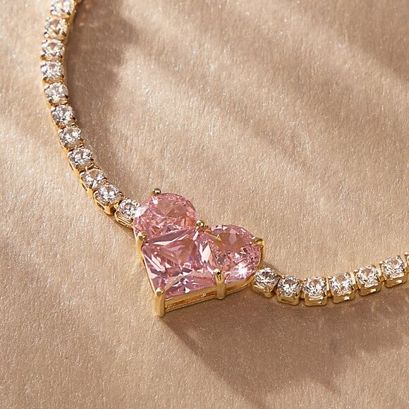 3/$35 Copper Chain Bracelet Pink Heart Gold Cubic Zirconia Diamond Crystal - Picture 5 of 6